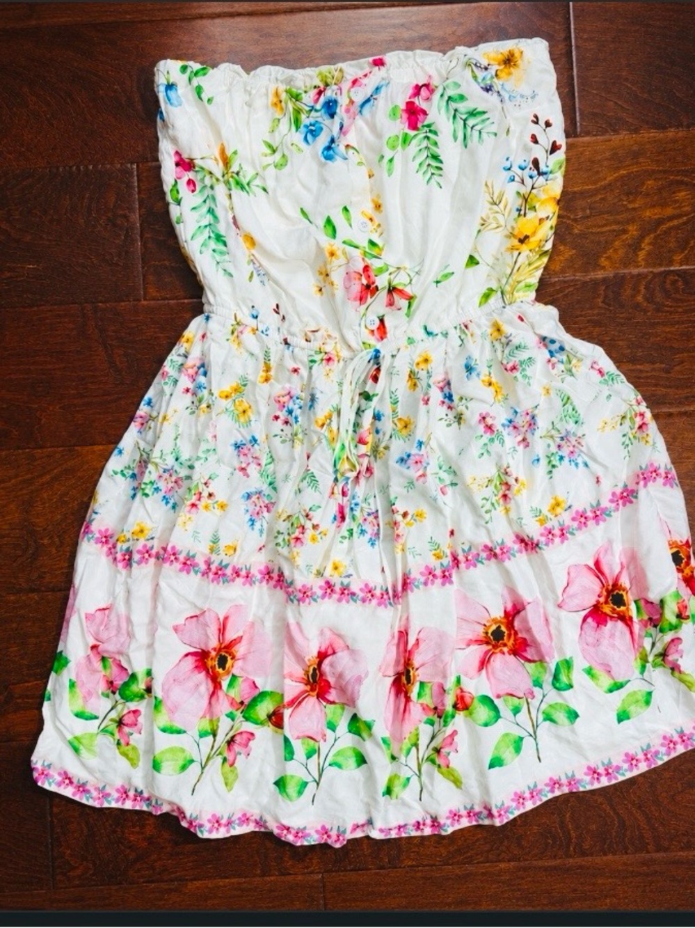 NWOT Cupshe White Strapless Floral Sundress with Pink & Green Accents